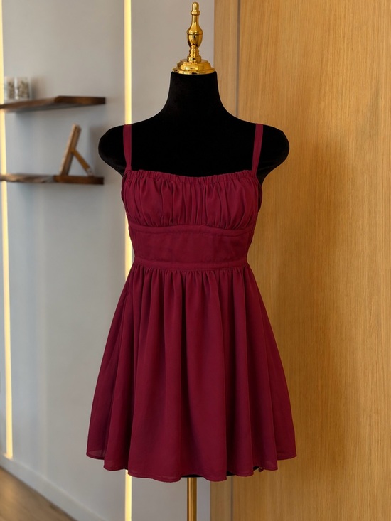 Lucy in the Sky Dresses & Skirts - Lucy in the Sky Burgundy Ruched Coquette Babydoll Mini Dress | Cherry Muse